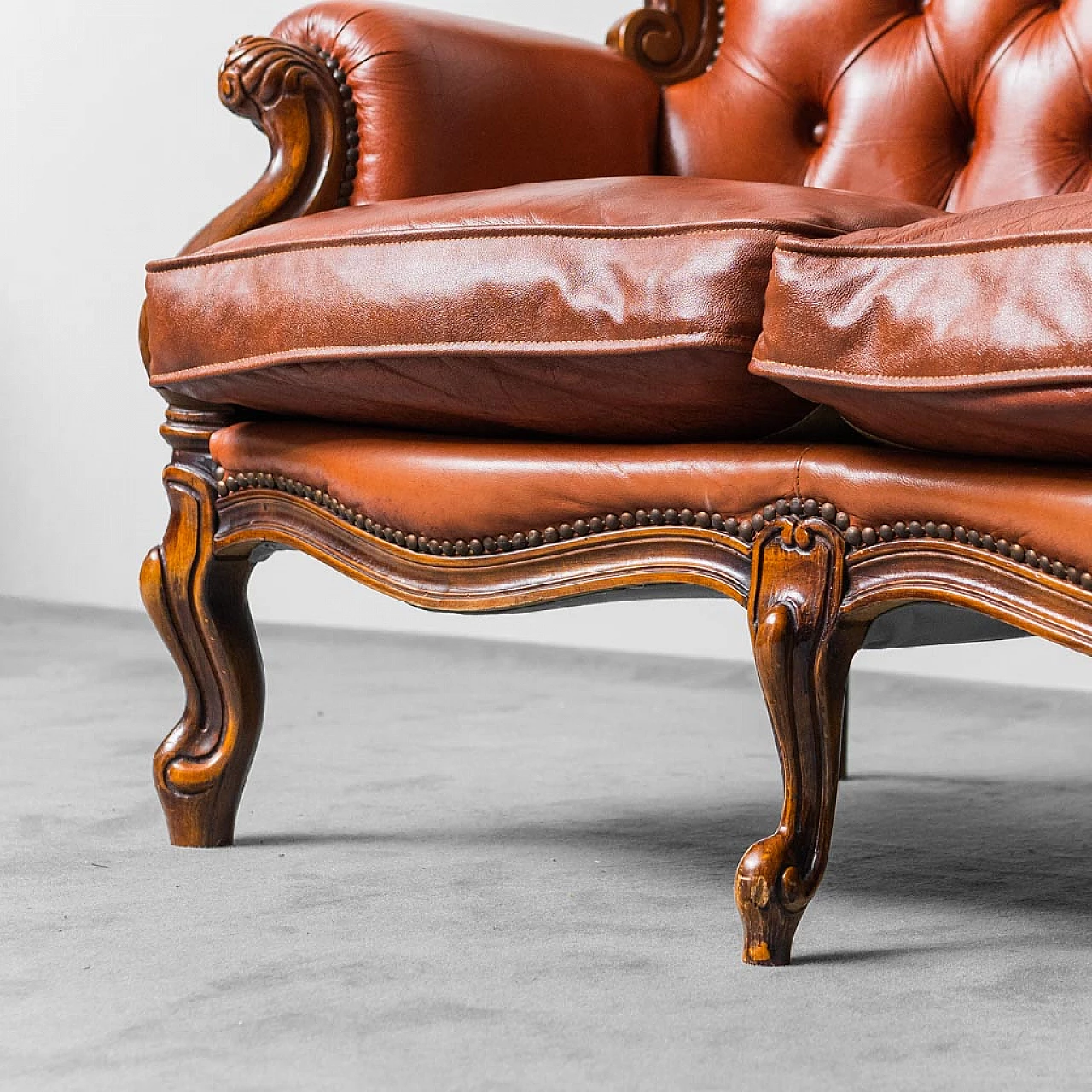 3-Seater sofa in wood and brown leather, 1950s 5