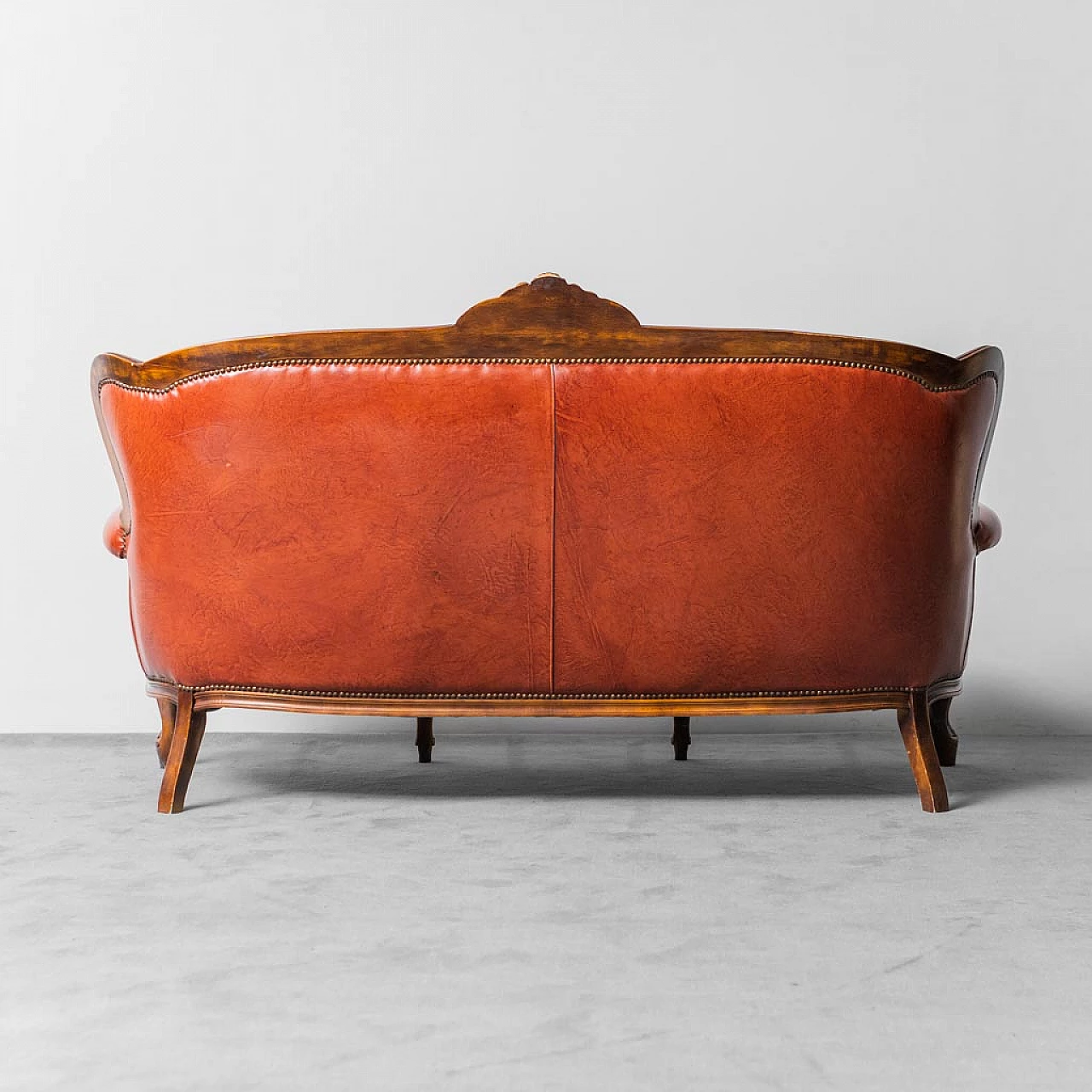 3-Seater sofa in wood and brown leather, 1950s 6