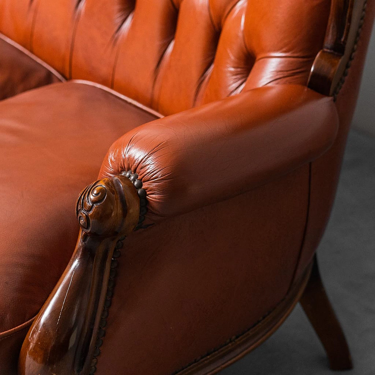 3-Seater sofa in wood and brown leather, 1950s 11