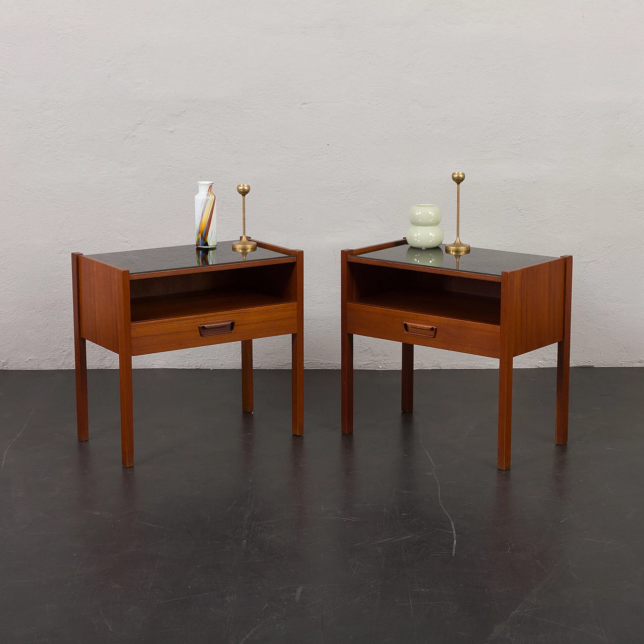 Pair of teak bedside tables with black glass top, 1960s 1