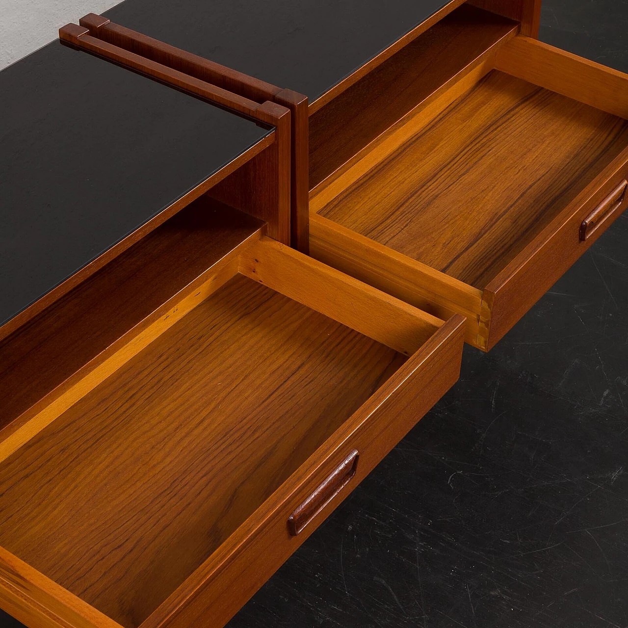 Pair of teak bedside tables with black glass top, 1960s 10
