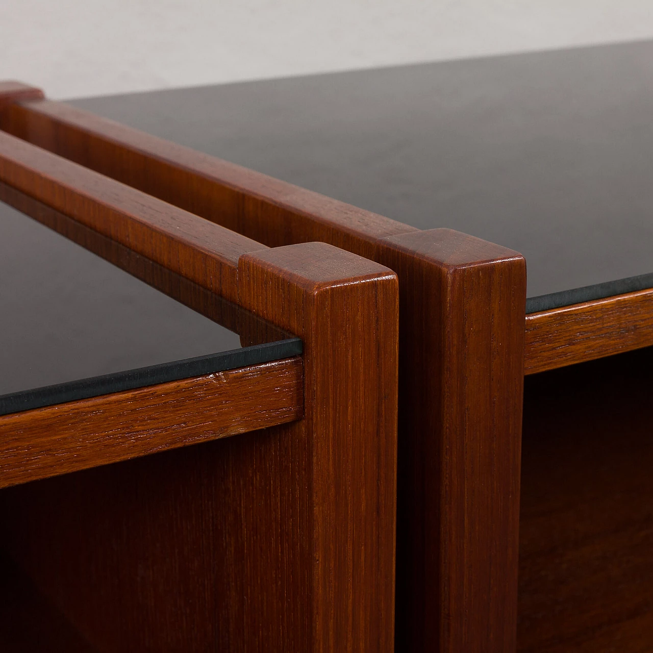 Pair of teak bedside tables with black glass top, 1960s 11