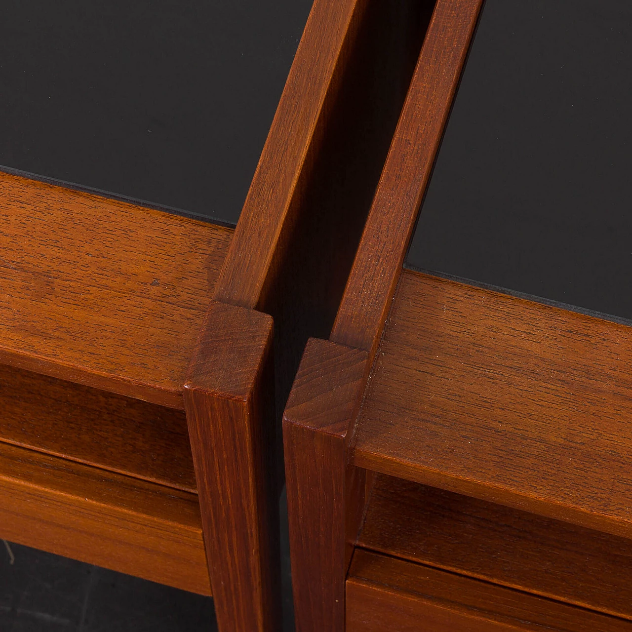 Pair of teak bedside tables with black glass top, 1960s 12