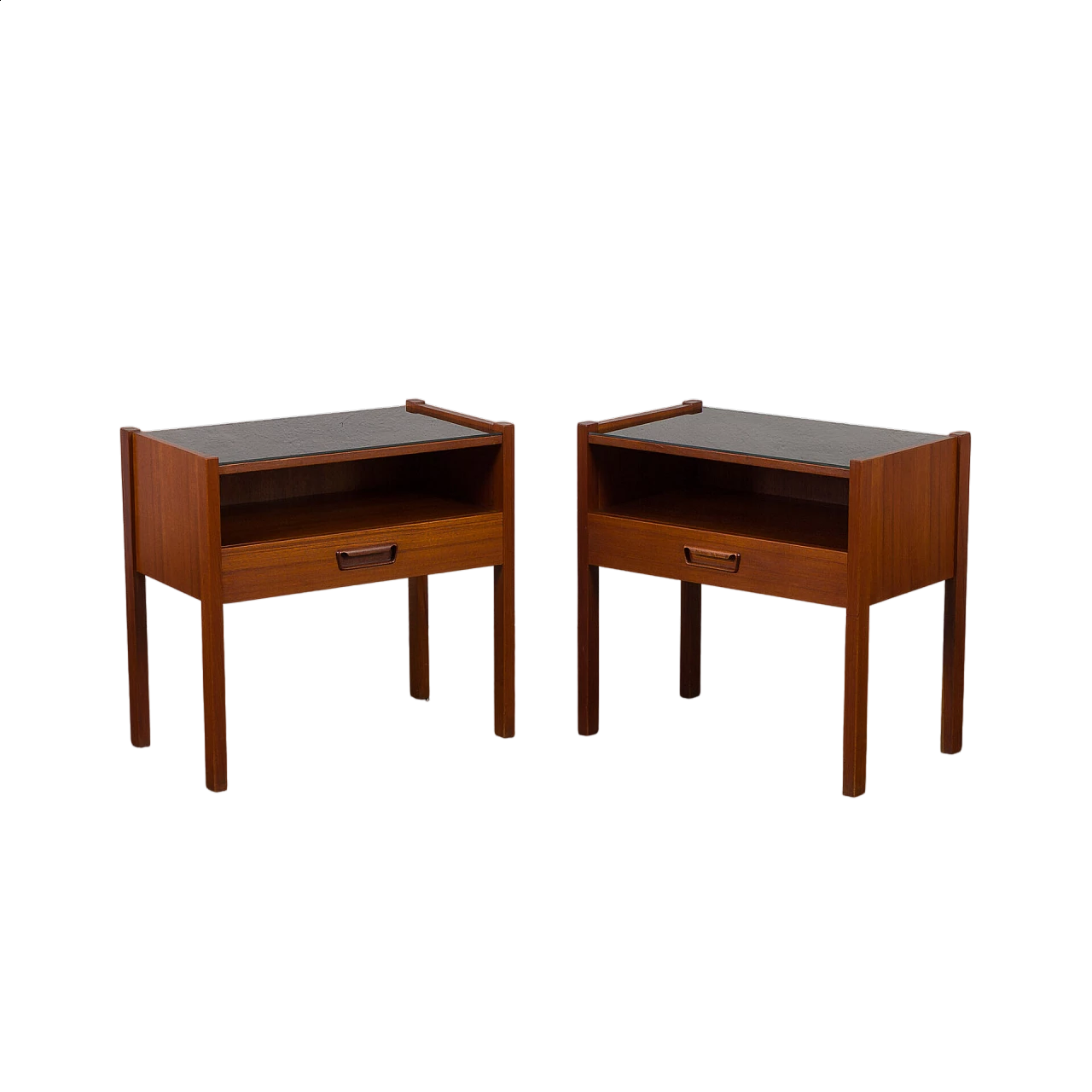 Pair of teak bedside tables with black glass top, 1960s 13