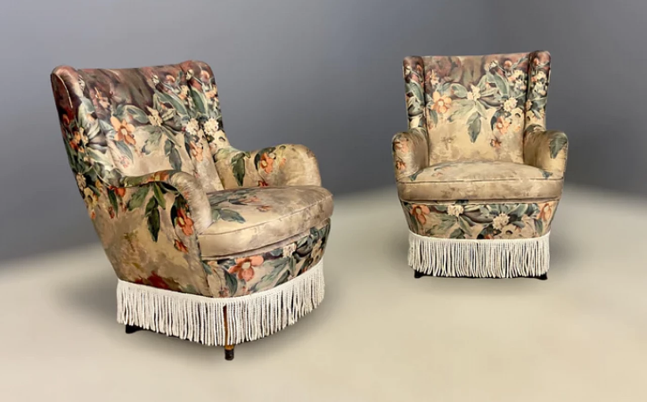 Pair of wood and floral fabric armchairs with tassels, 1950s 1