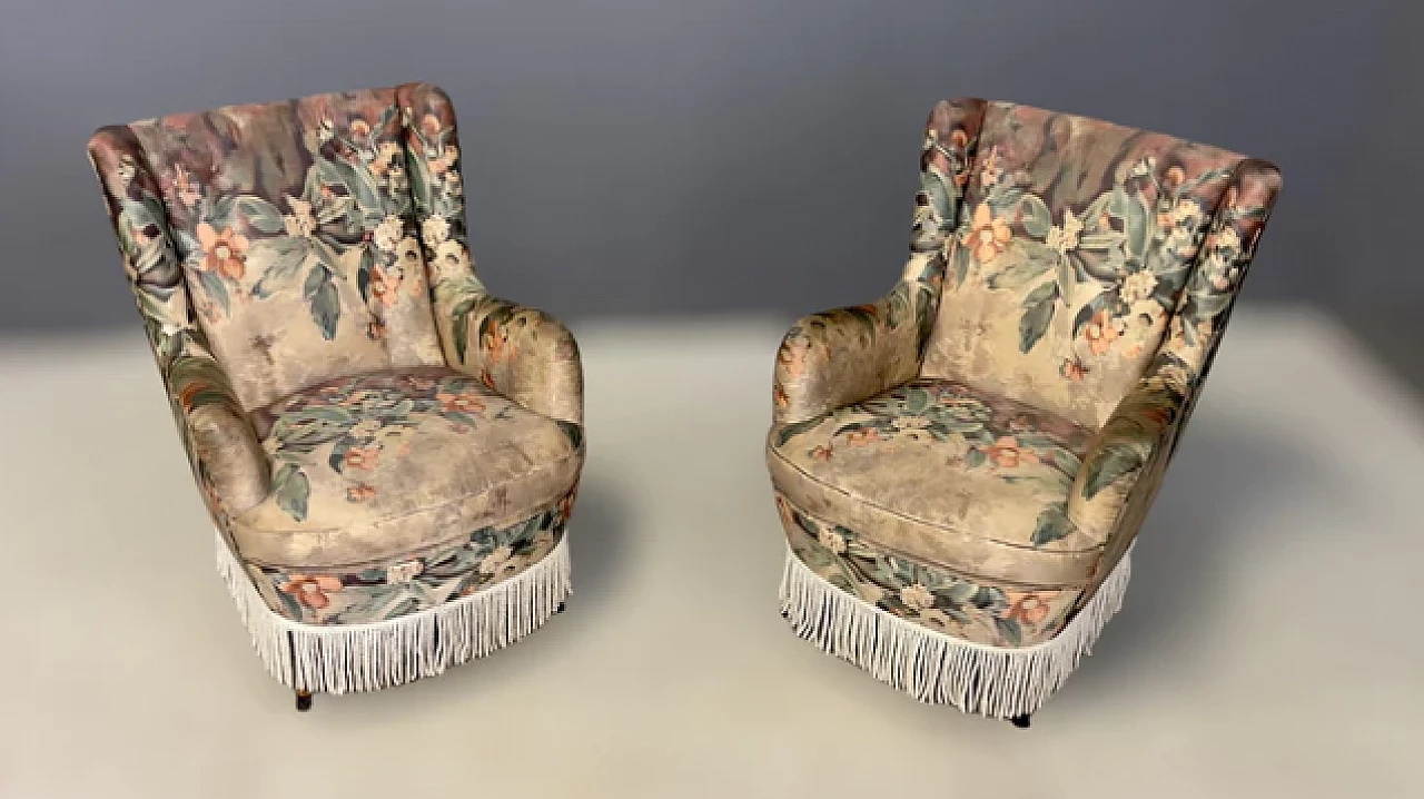 Pair of wood and floral fabric armchairs with tassels, 1950s 2
