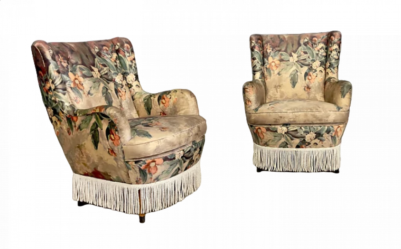 Pair of wood and floral fabric armchairs with tassels, 1950s 7