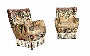 Pair of wood and floral fabric armchairs with tassels, 1950s