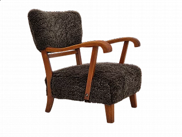 Danish beechwood armchair with sheep skin upholstery, 1950s
