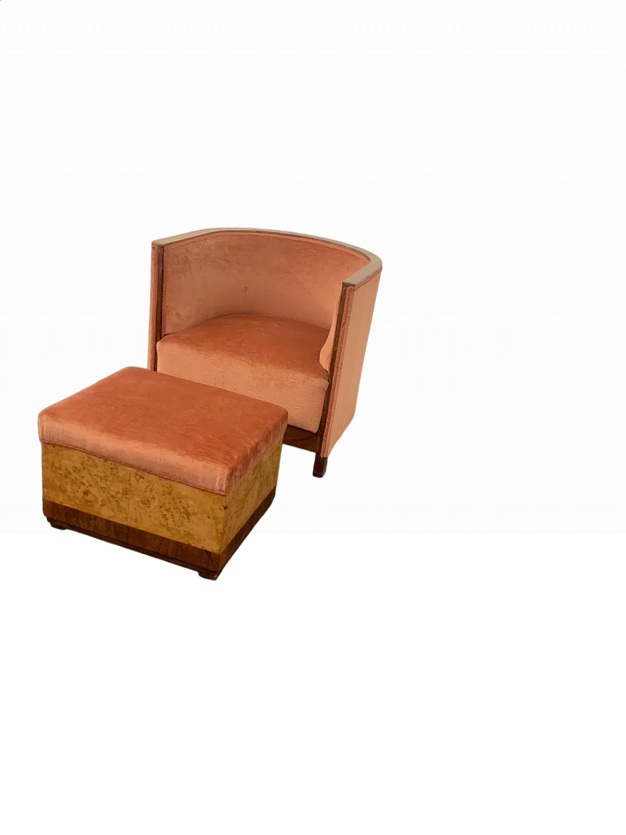 Walnut and thuja root armchair and pouf, 1930s 14