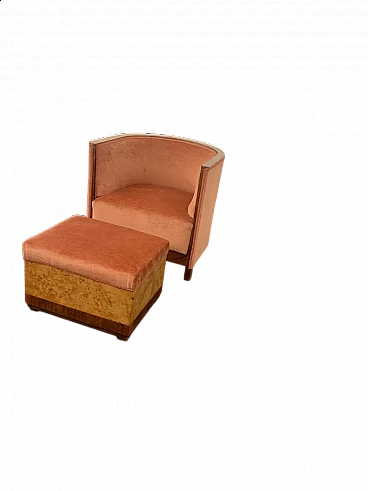 Walnut and thuja root armchair and pouf, 1930s