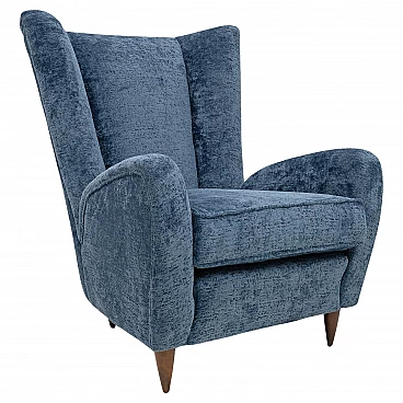 Walnut and blue bouclé fabric armchair by Paolo Buffa, 1950s