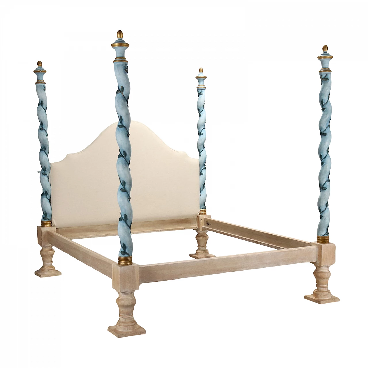 Wooden bed frame with twisted columns and upholstered headboard 1