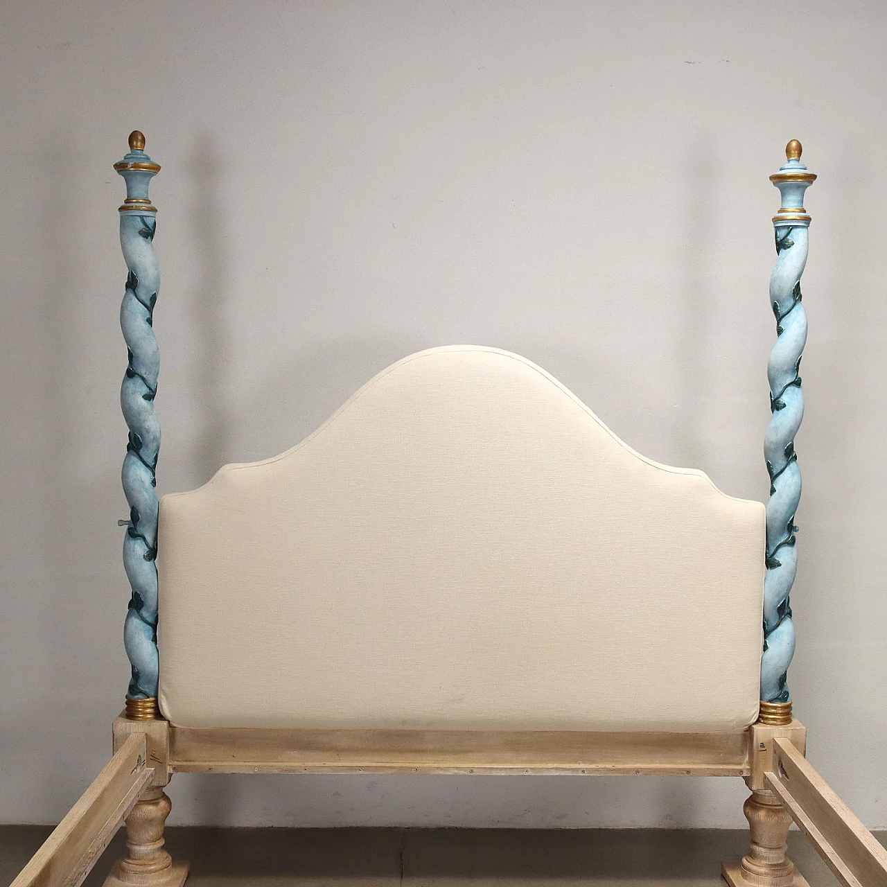 Wooden bed frame with twisted columns and upholstered headboard 3