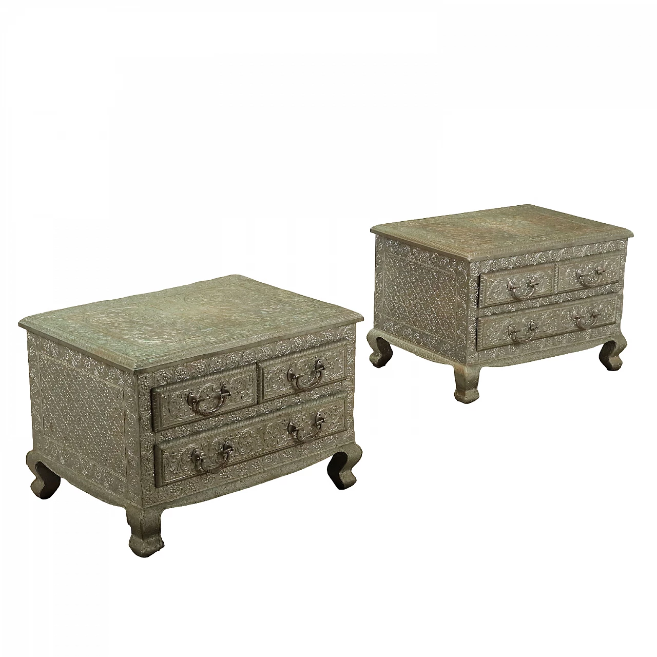 Pair of bedside tables covered with embossed silvered metal plate 1