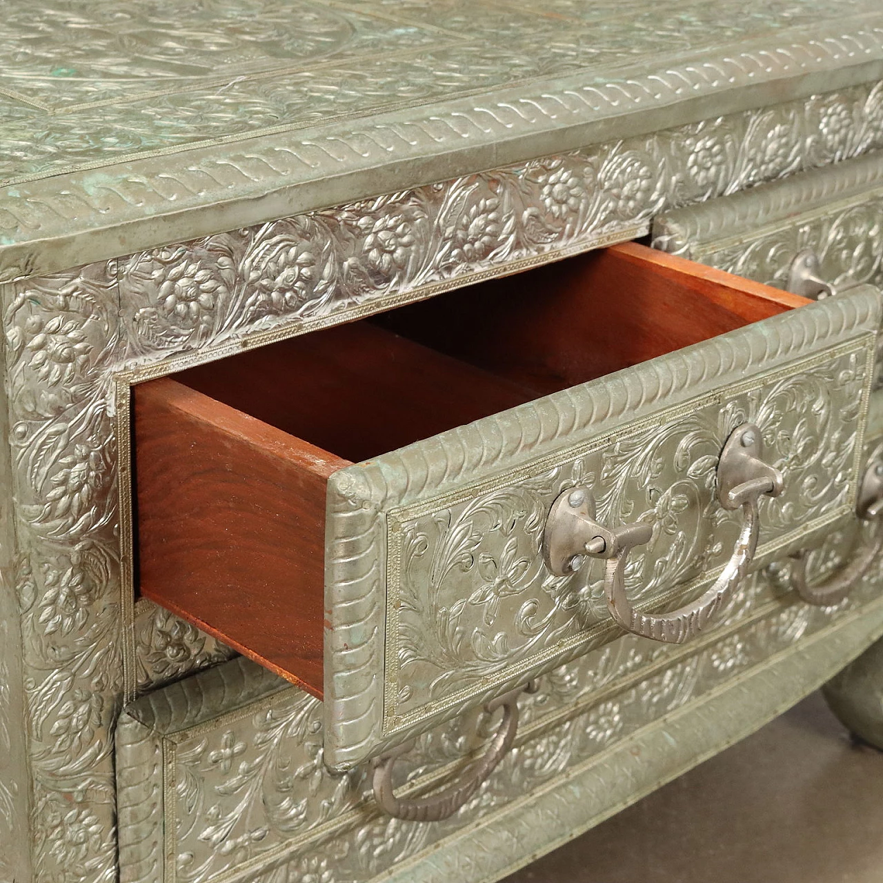 Pair of bedside tables covered with embossed silvered metal plate 3