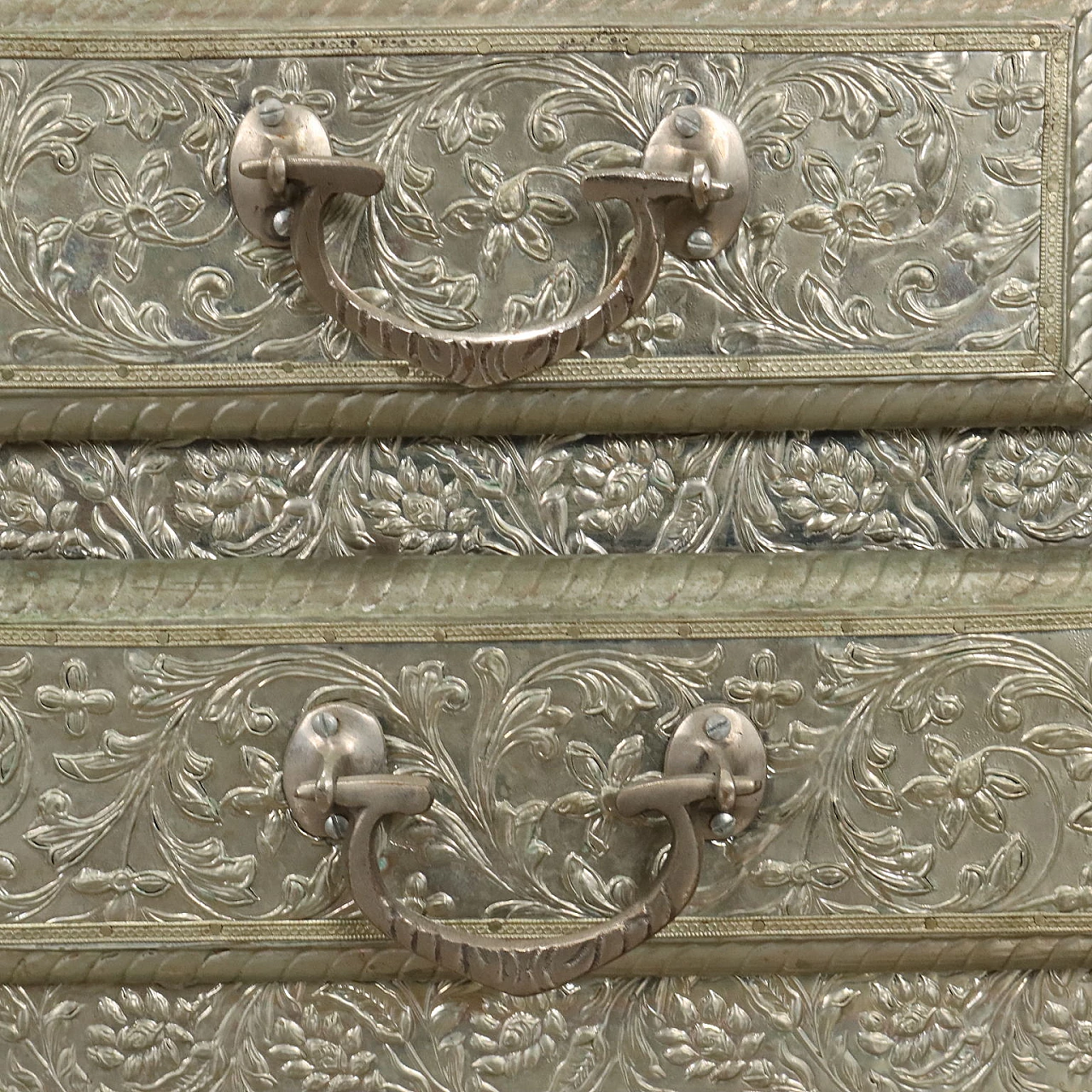 Pair of bedside tables covered with embossed silvered metal plate 5