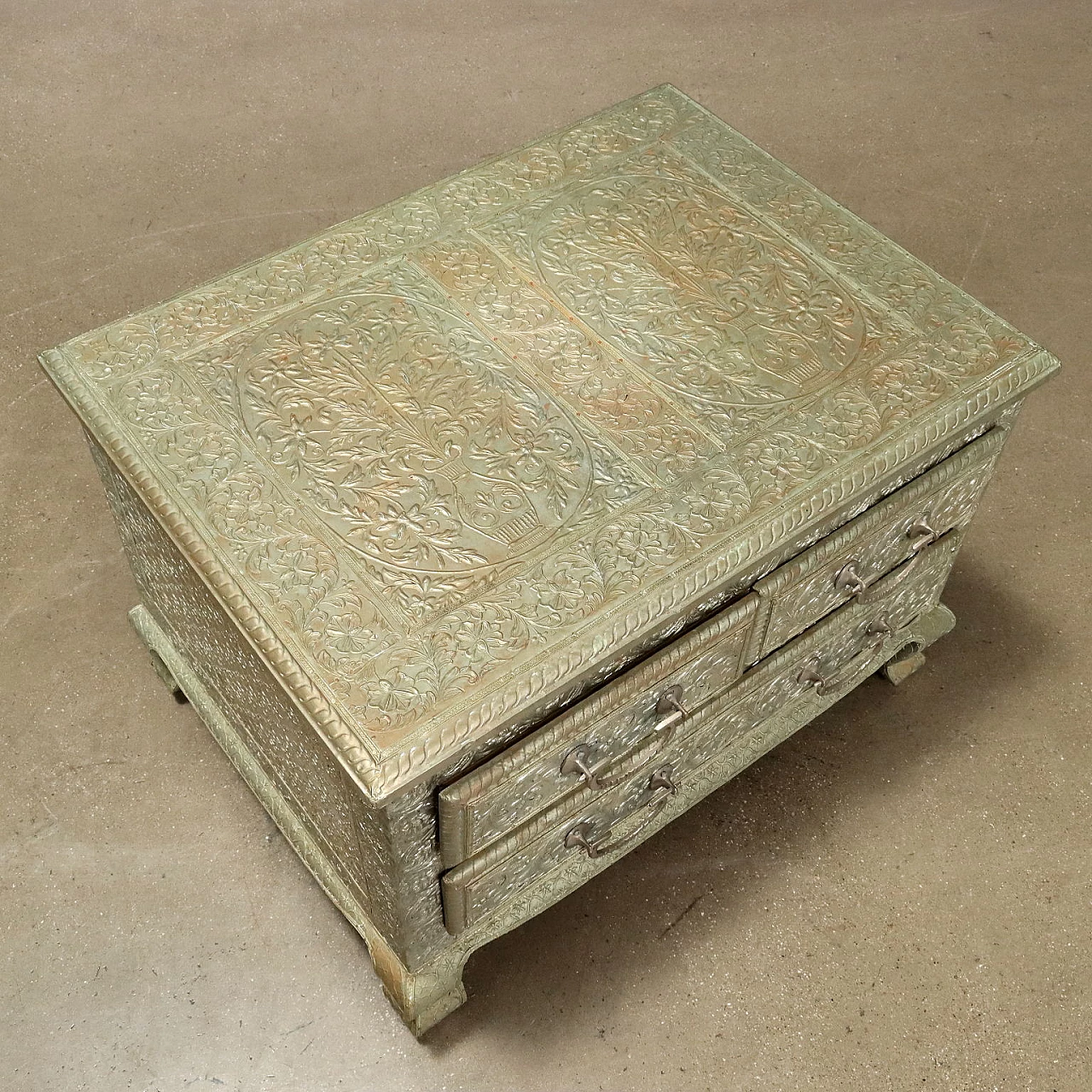 Pair of bedside tables covered with embossed silvered metal plate 7