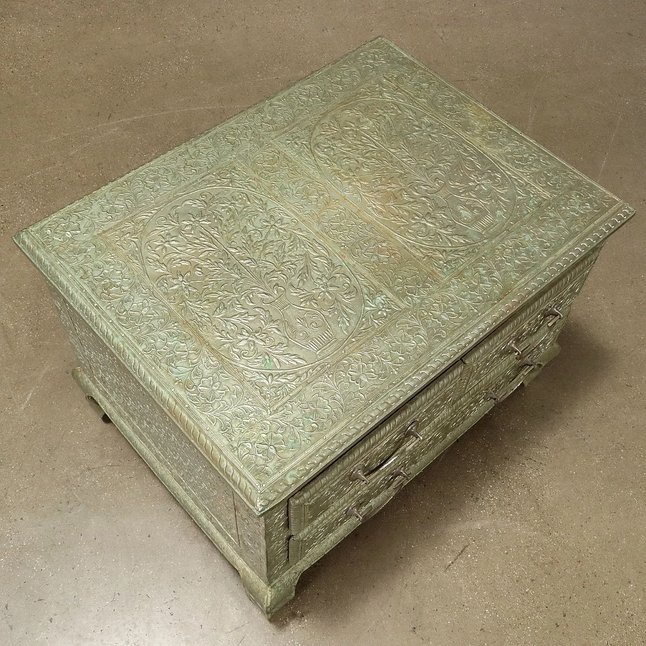 Pair of bedside tables covered with embossed silvered metal plate 8