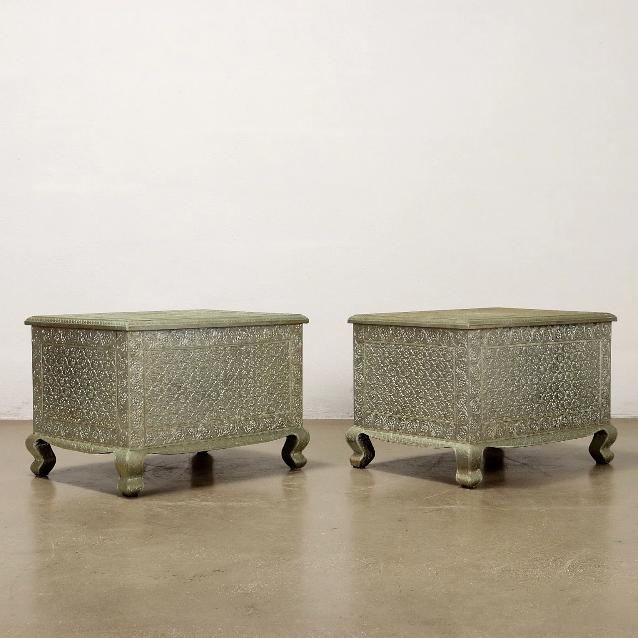 Pair of bedside tables covered with embossed silvered metal plate 10