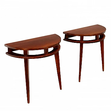 Pair of console tables in beech wood and mahogany veneer, 1950s