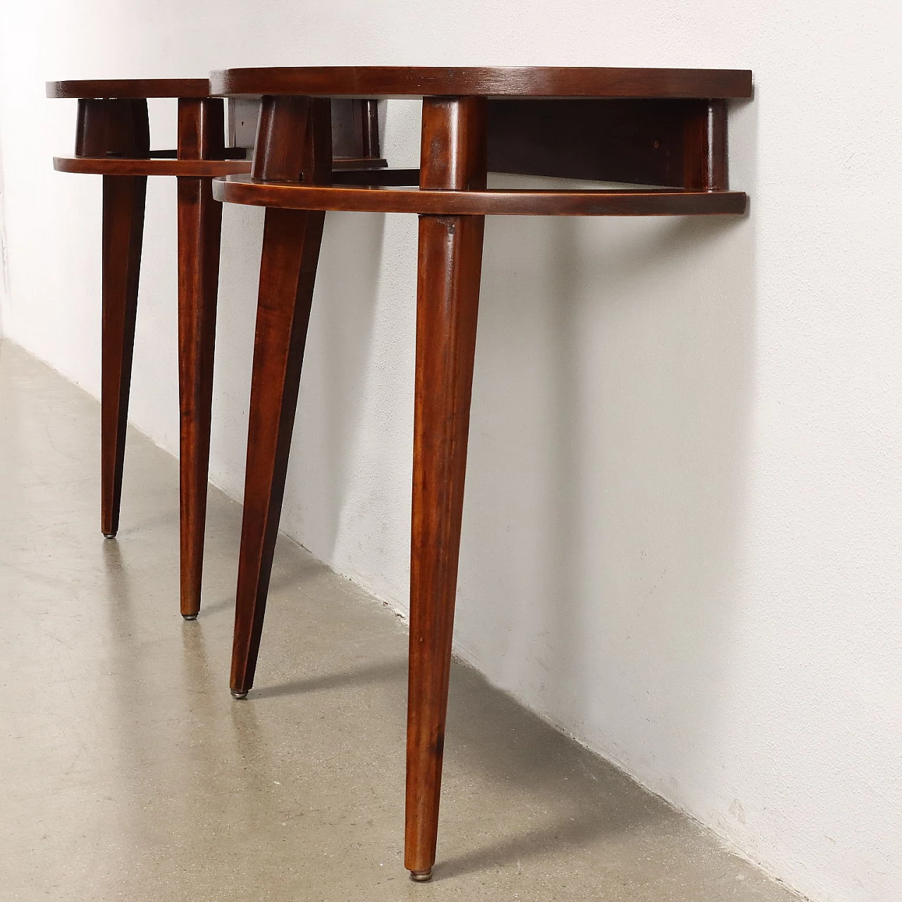 Pair of console tables in beech wood and mahogany veneer, 1950s 10