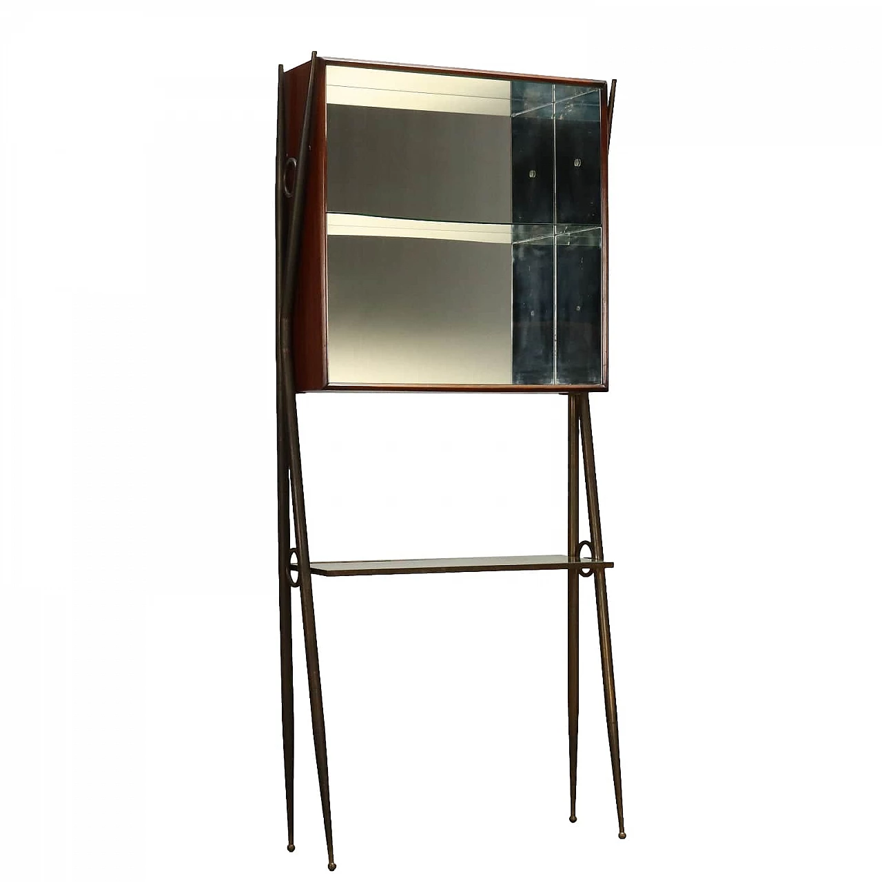 Display veneered in exotic wood and brass with mirrored glass, 1950s 1