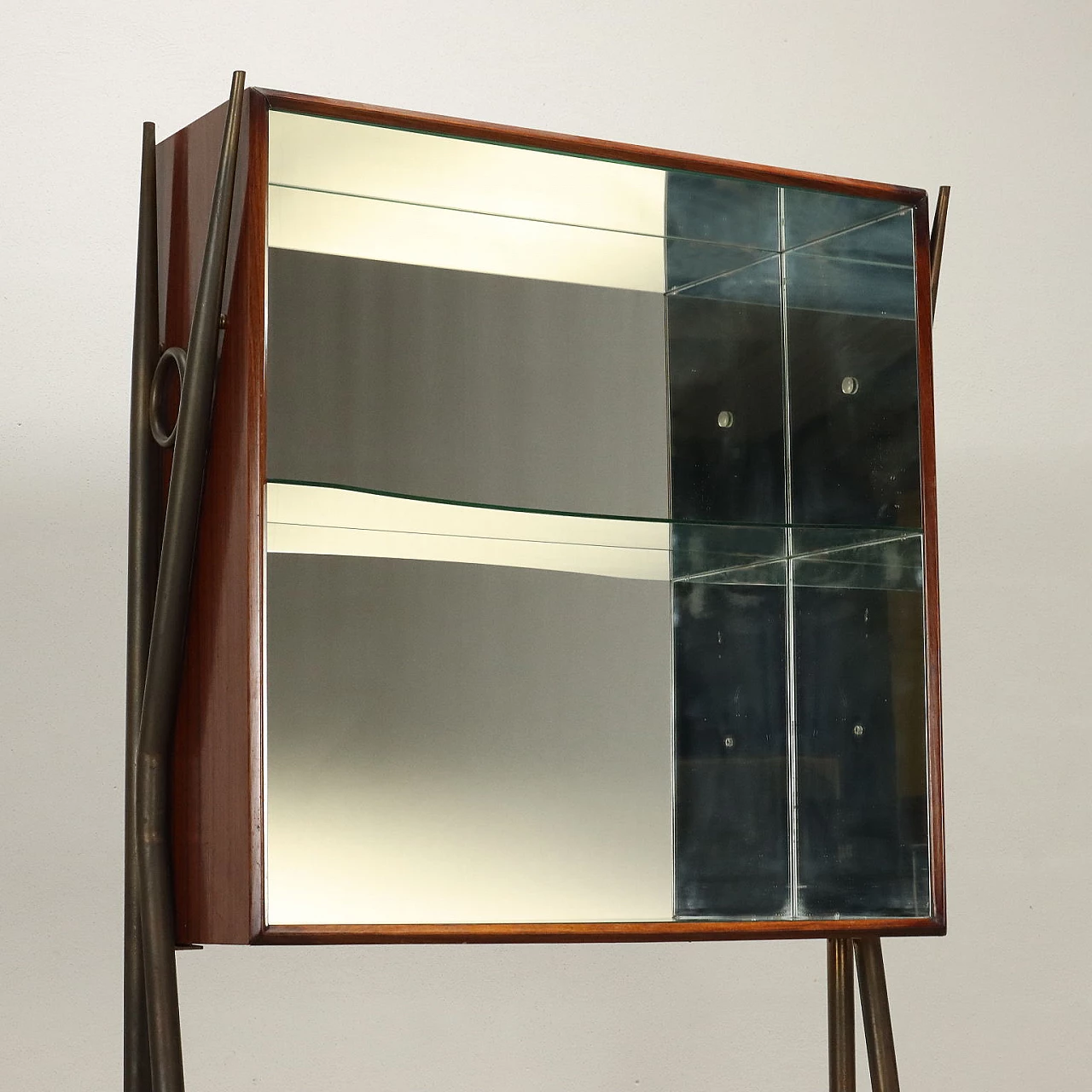 Display veneered in exotic wood and brass with mirrored glass, 1950s 3