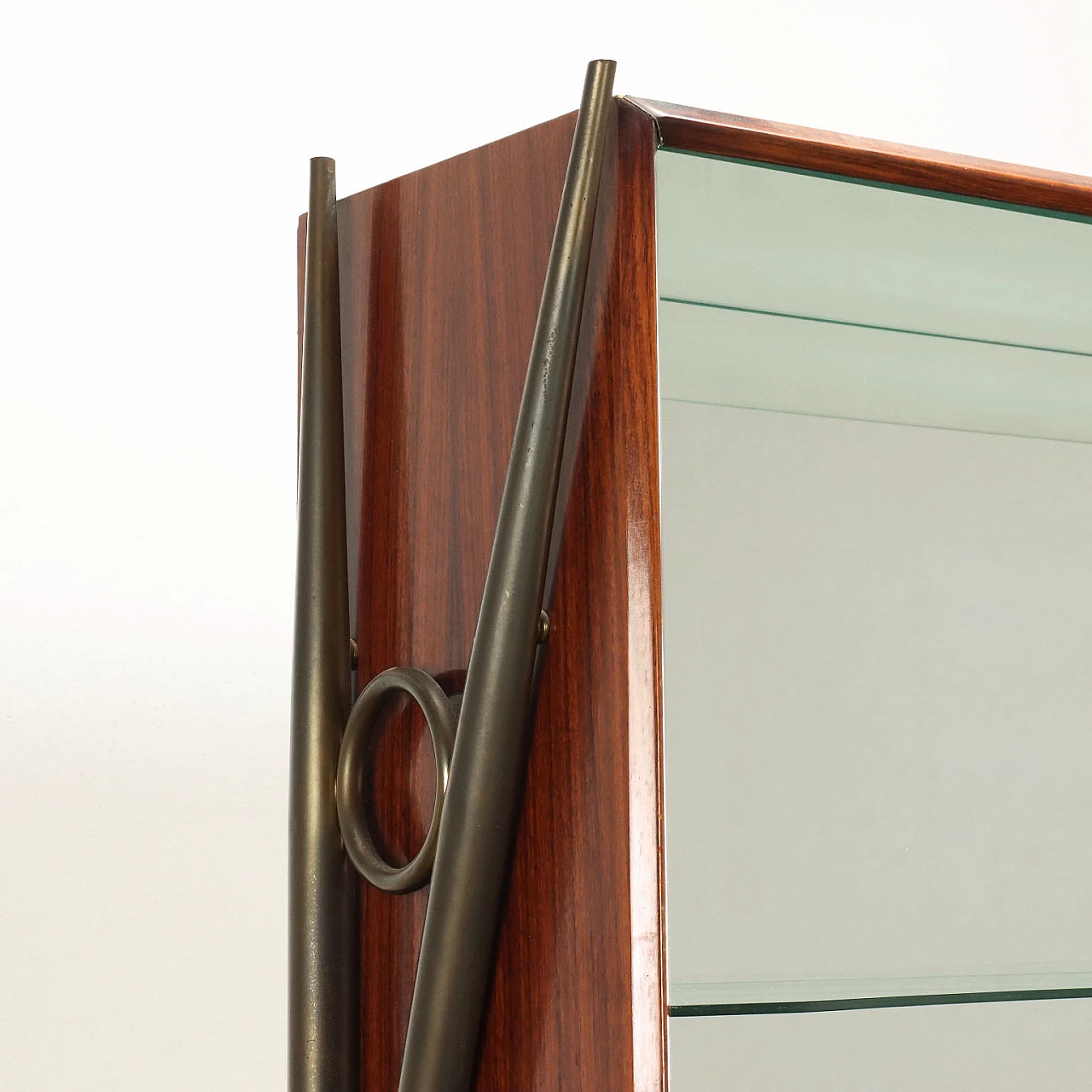 Display veneered in exotic wood and brass with mirrored glass, 1950s 4