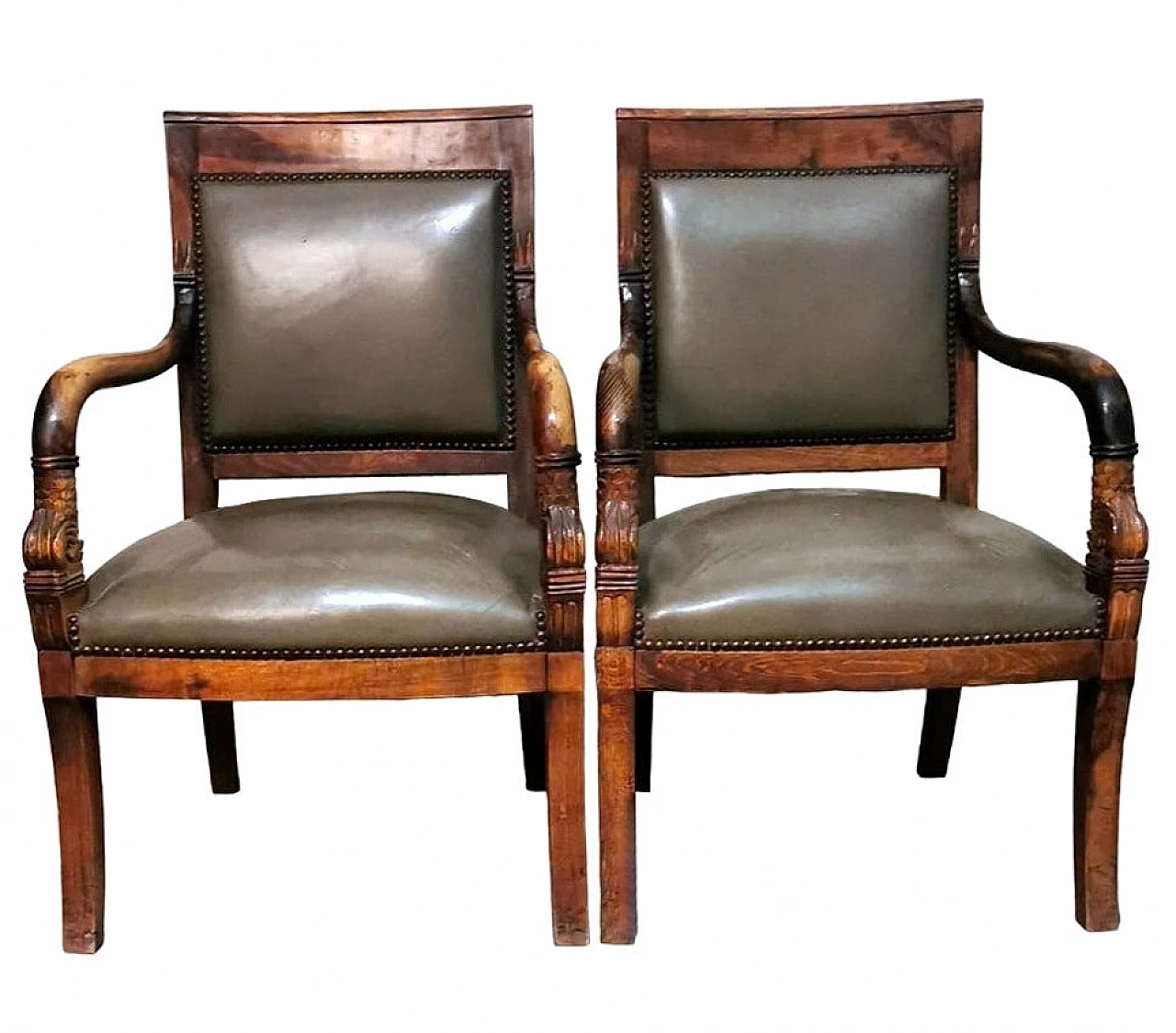 Pair of Charles X oak and cuoio Antique Master chairs, 19th century 1