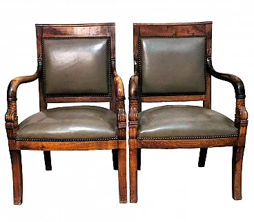 Pair of Charles X oak and cuoio Antique Master chairs, 19th century