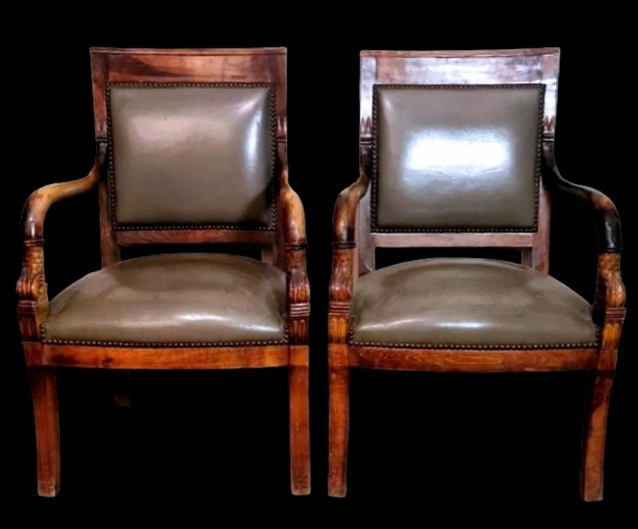 Pair of Charles X oak and cuoio Antique Master chairs, 19th century 2