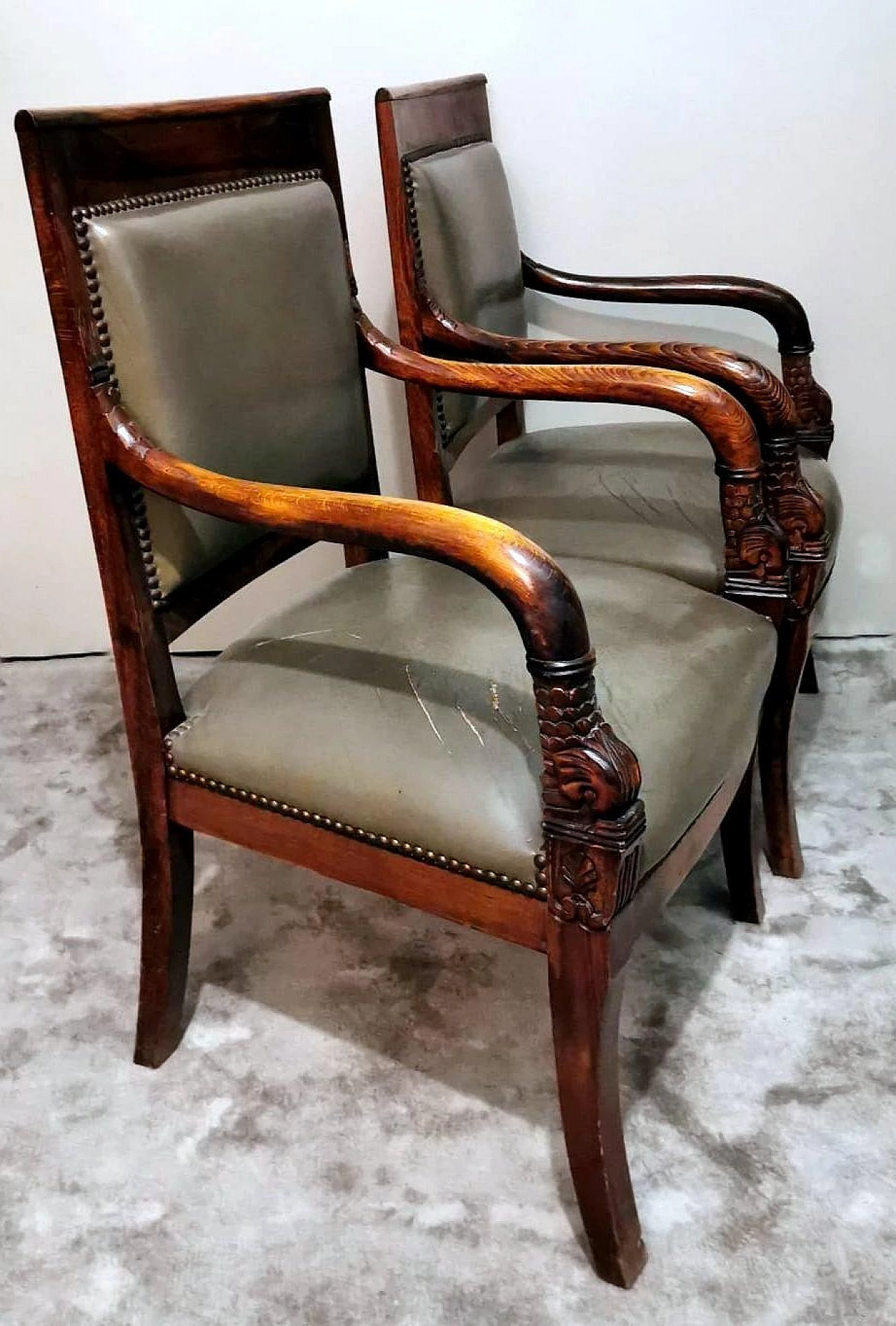 Coppia di sedie Antique Master Carlo X in rovere e cuoio, '800 5