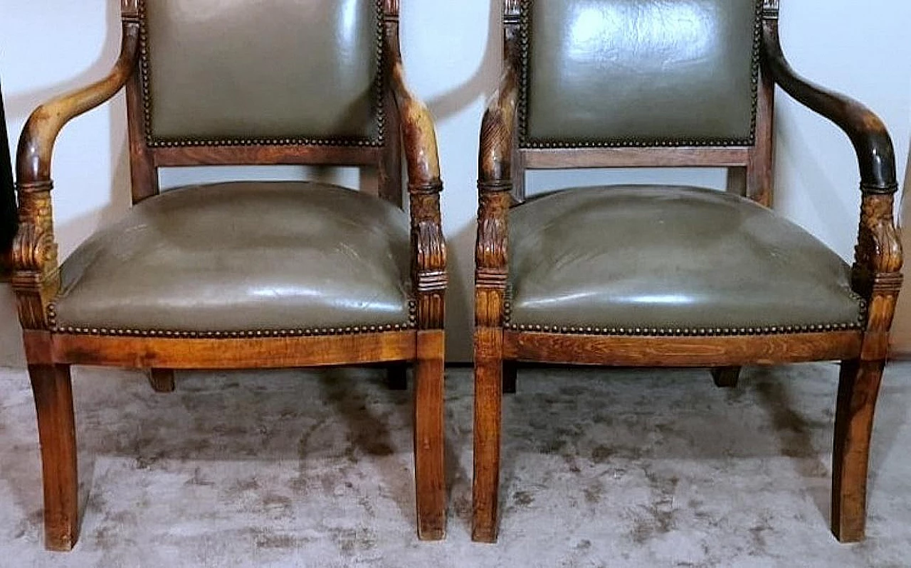 Pair of Charles X oak and cuoio Antique Master chairs, 19th century 9