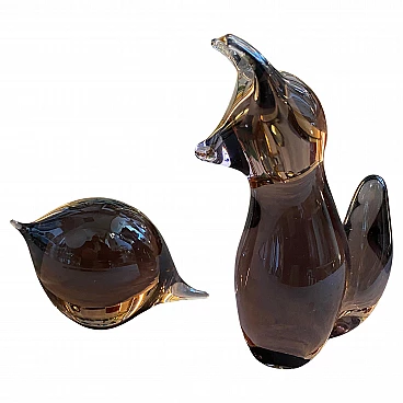 Cat and mouse, pair of Murano glass sculptures, 1980s