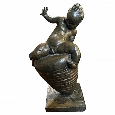 Tullio Montini, child on spinning top, bronze sculpture, 1922