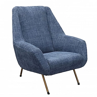 Armchair in blue fabric and brass-plated metal legs, 1960s