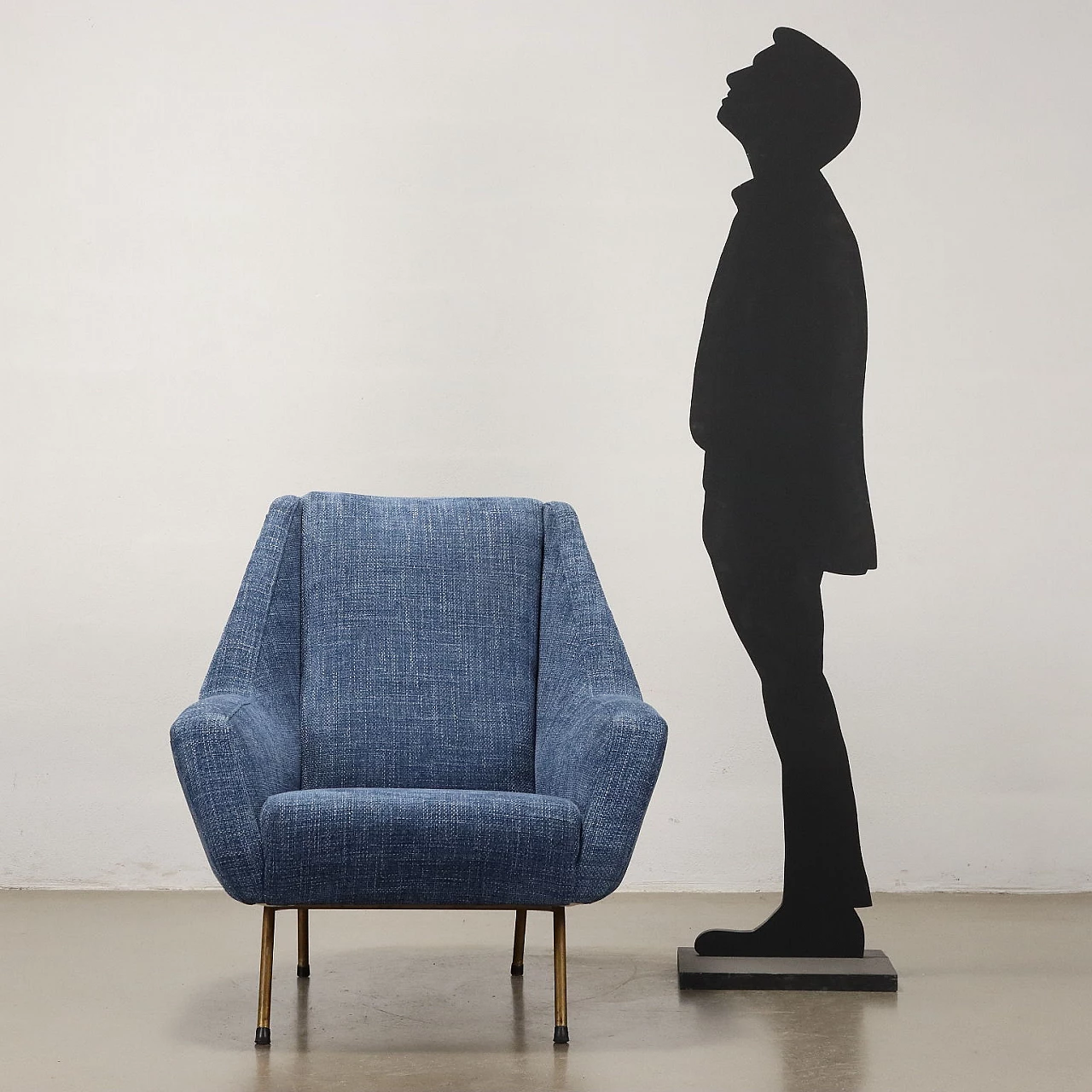 Armchair in blue fabric and brass-plated metal legs, 1960s 2
