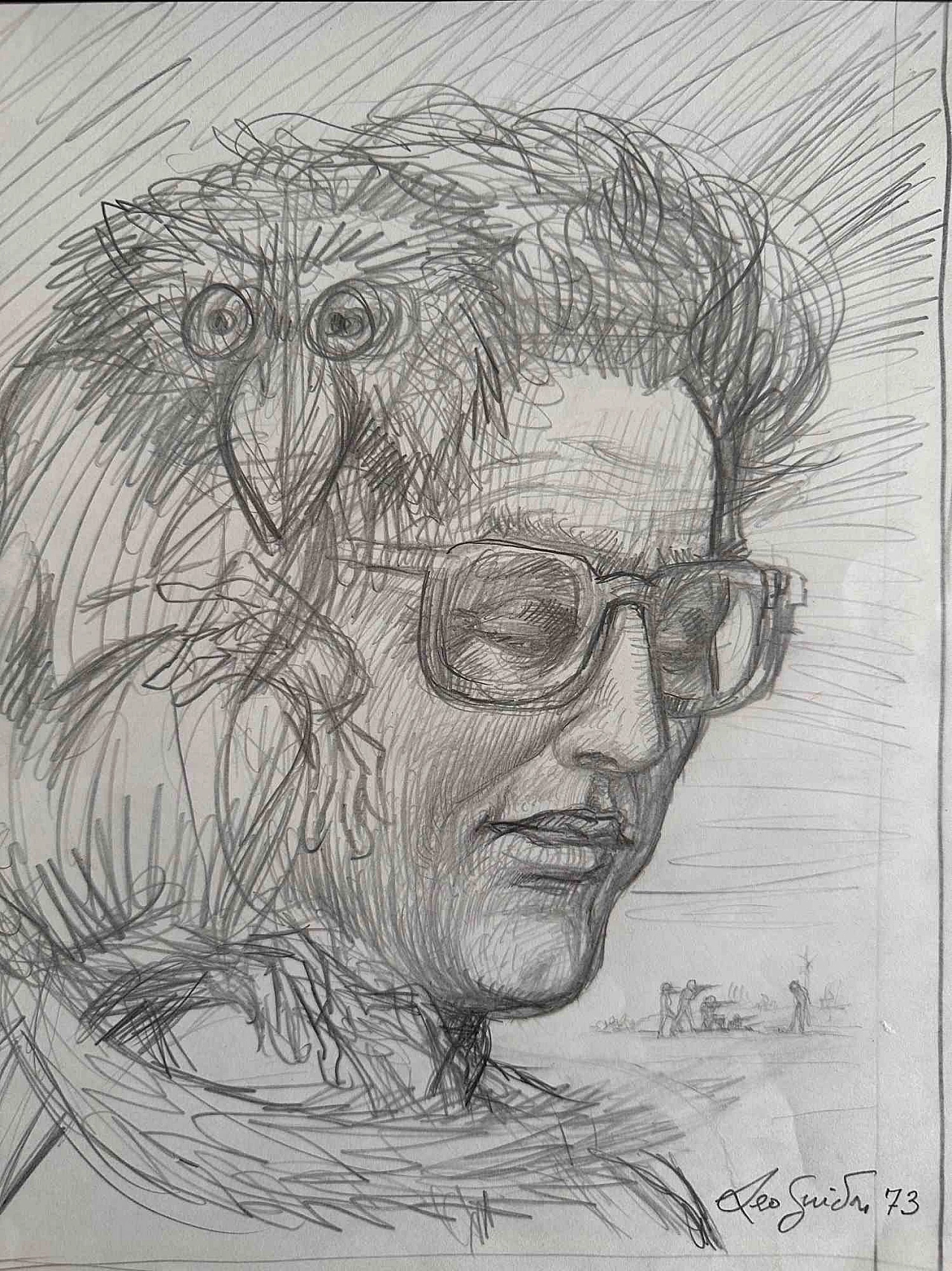 Leo Guida, Man with animal, pencil drawing on paper, 1973 1