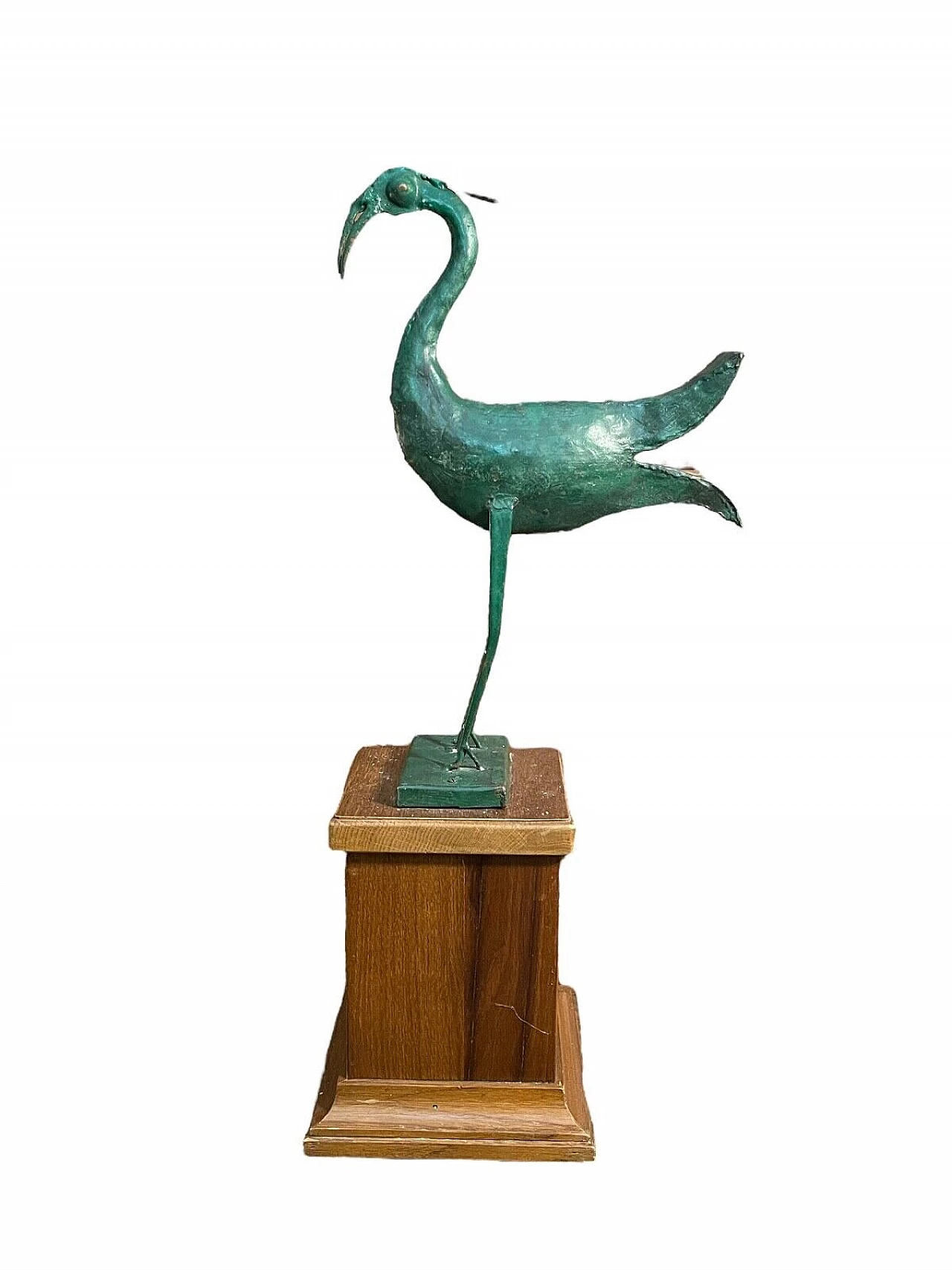 Airone, scultura in metallo laccato verde su base in legno 7