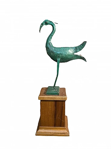 Heron, green lacquered metal sculpture on wood base