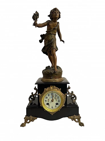 Marble table clock with bronze sculpture, late 19th century