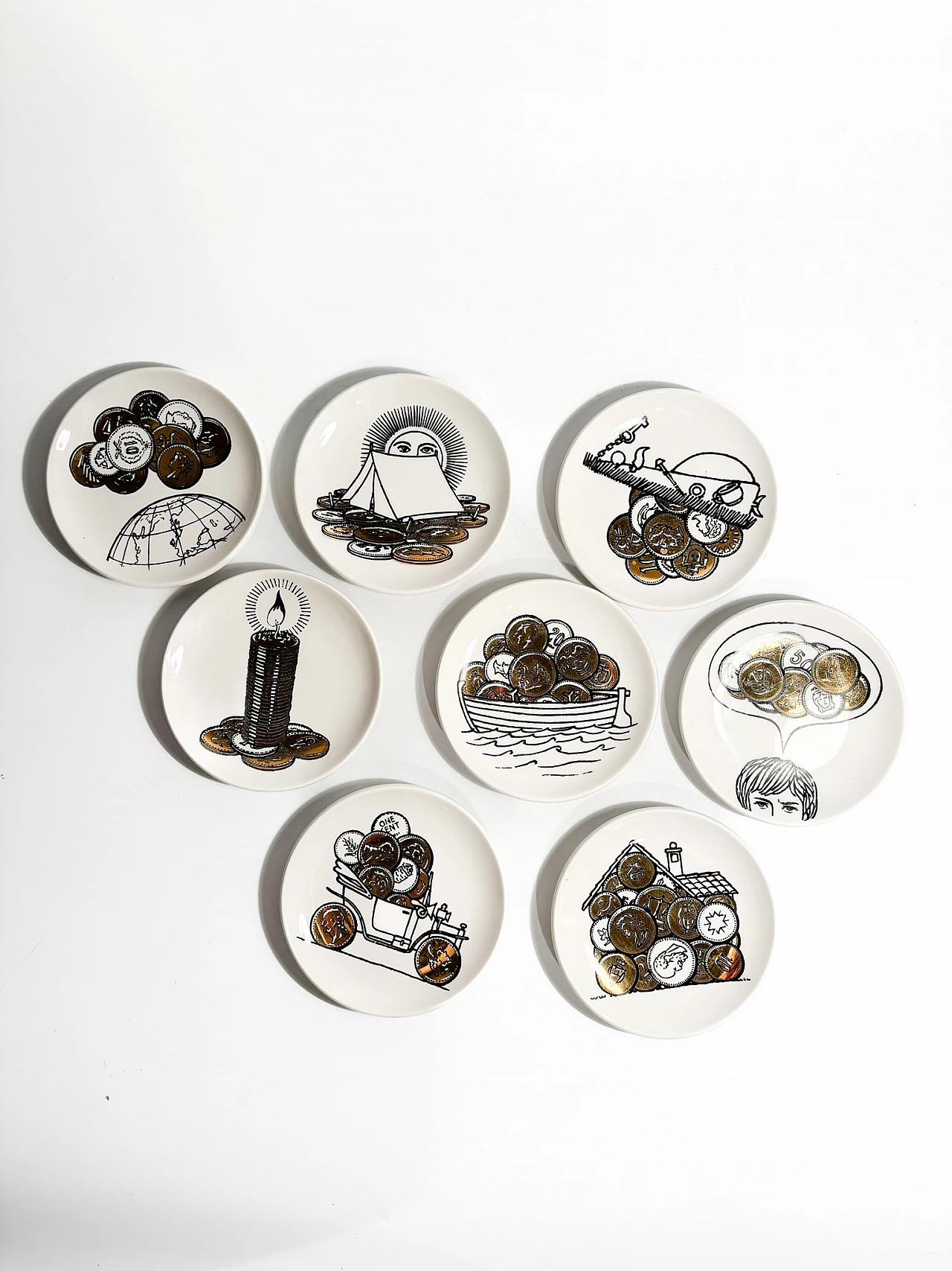 8 Porcelain coasters with decor by Fornasetti, 1960s 1