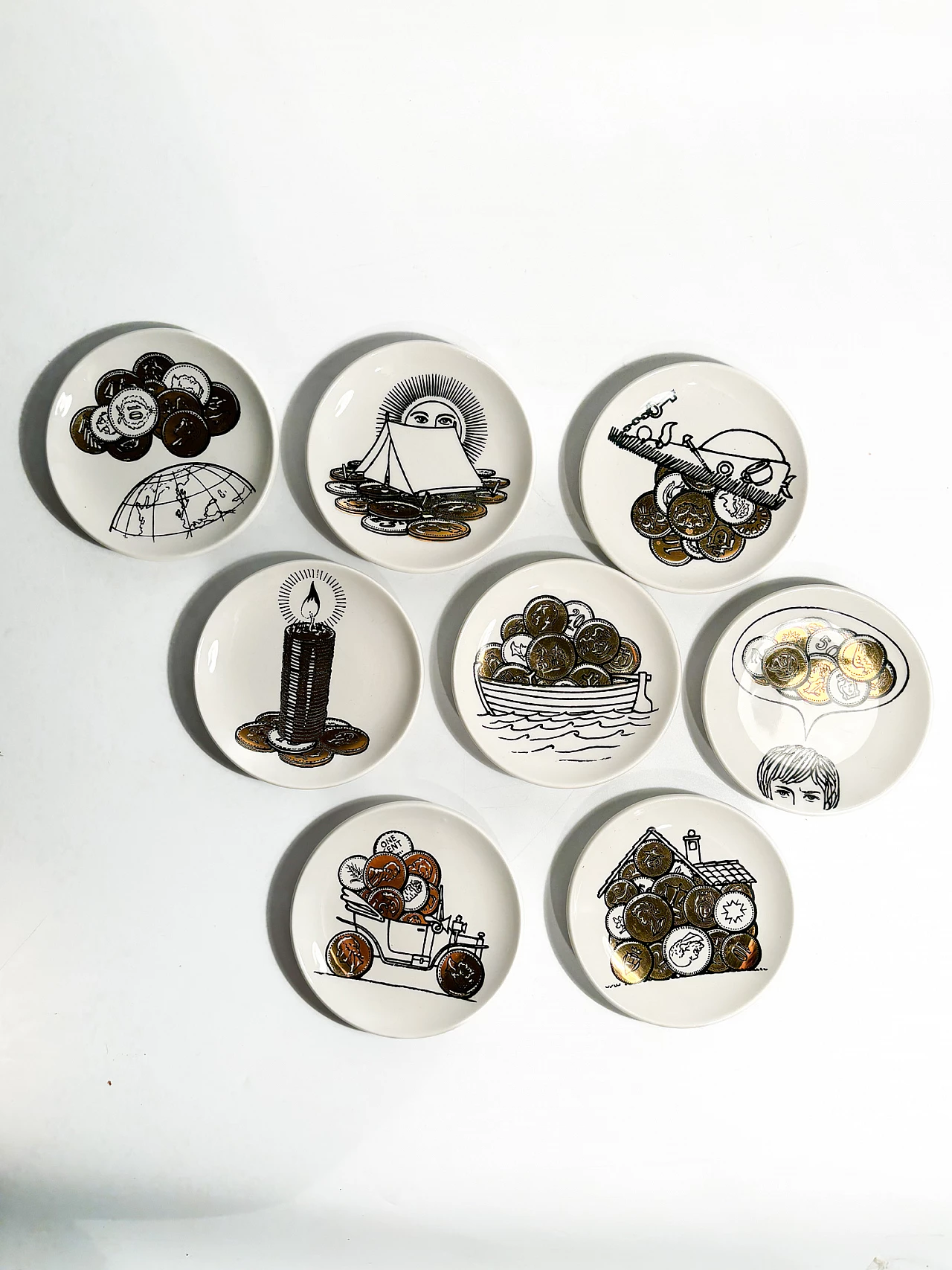 8 Porcelain coasters with decor by Fornasetti, 1960s 4