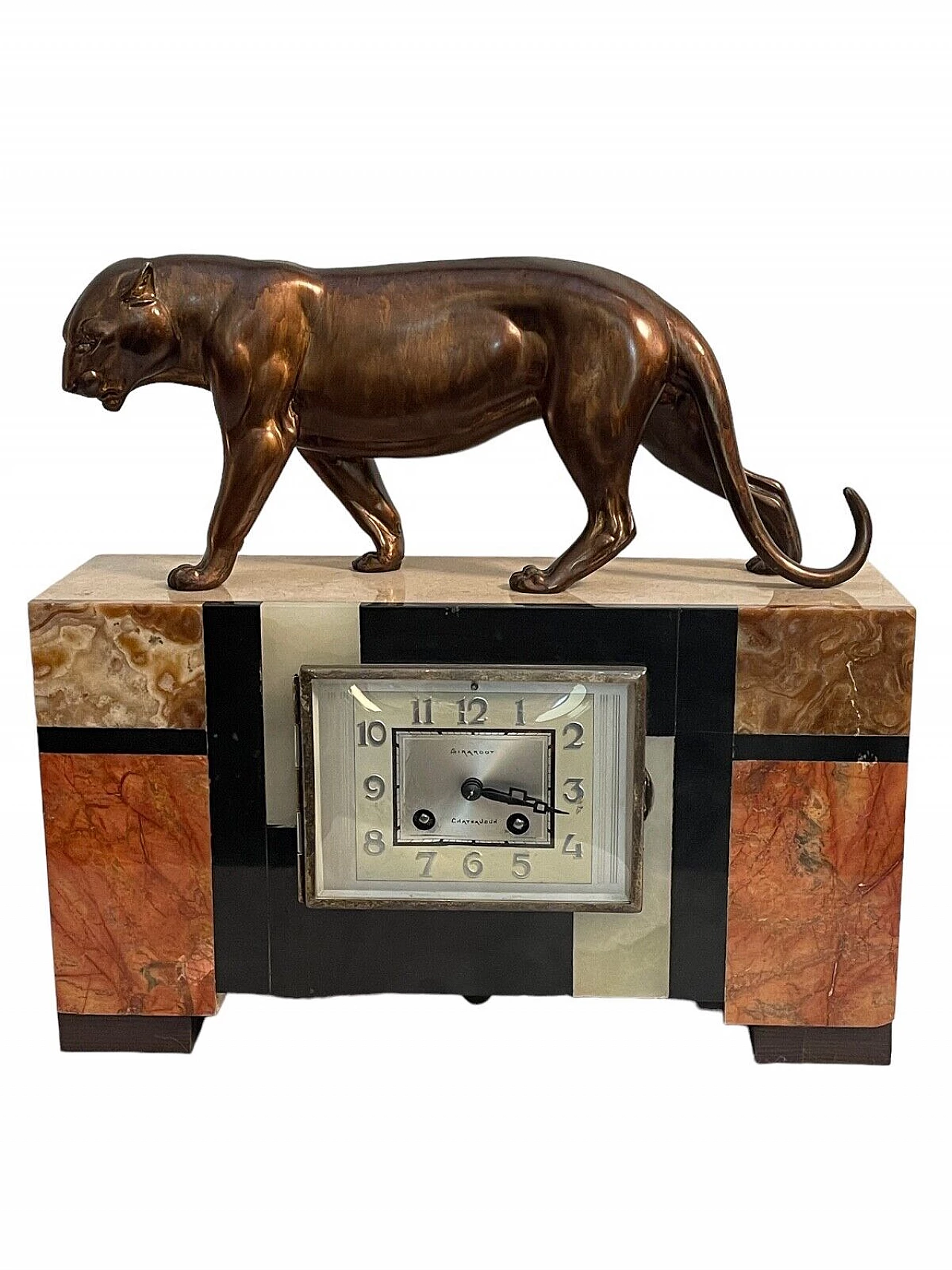 Art Deco marble and bronze table clock with panther, 1930s 1