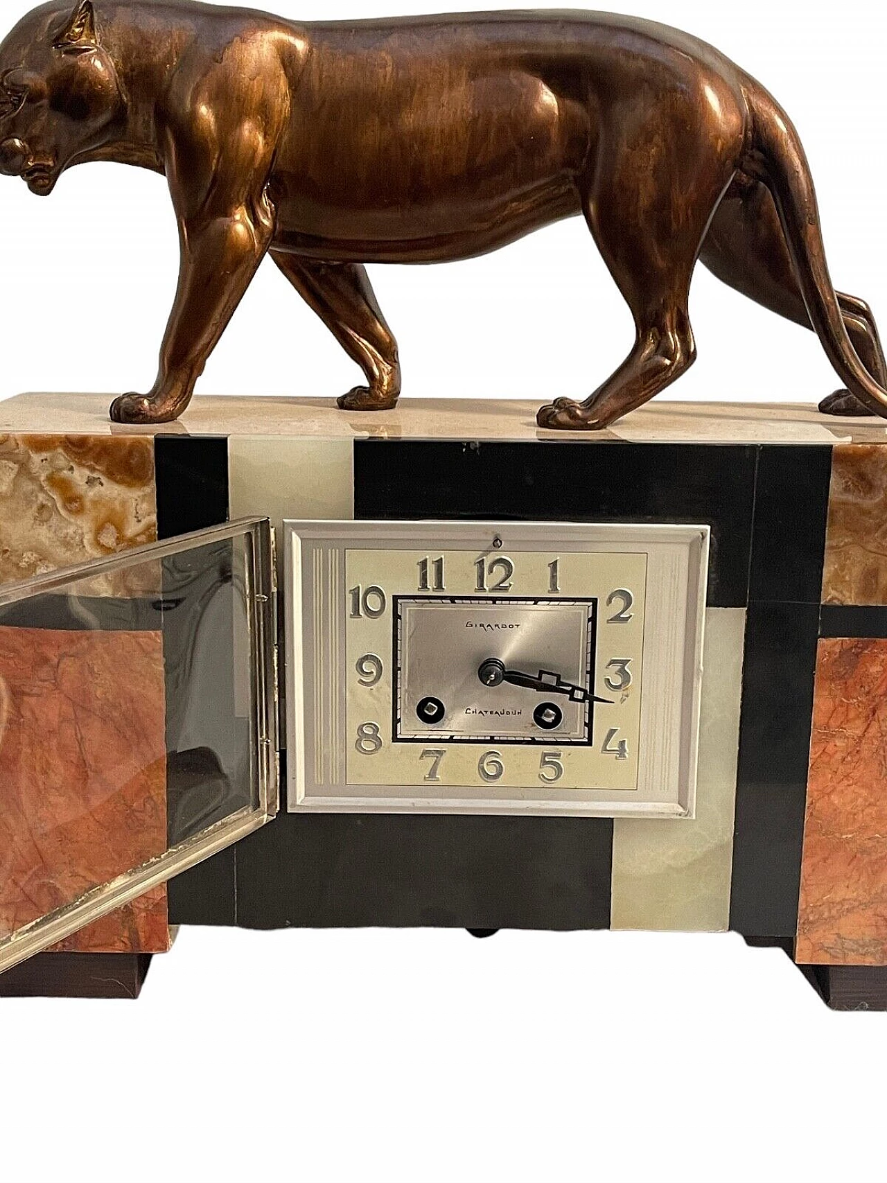 Art Deco marble and bronze table clock with panther, 1930s 2