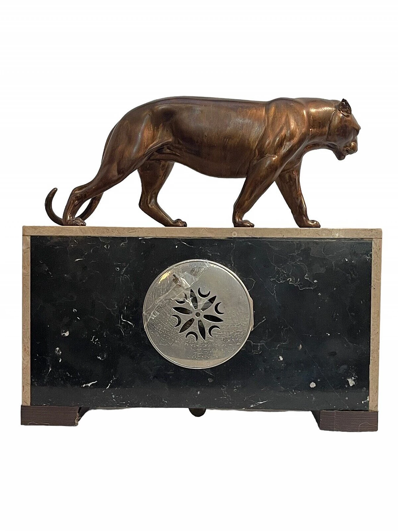 Art Deco marble and bronze table clock with panther, 1930s 4