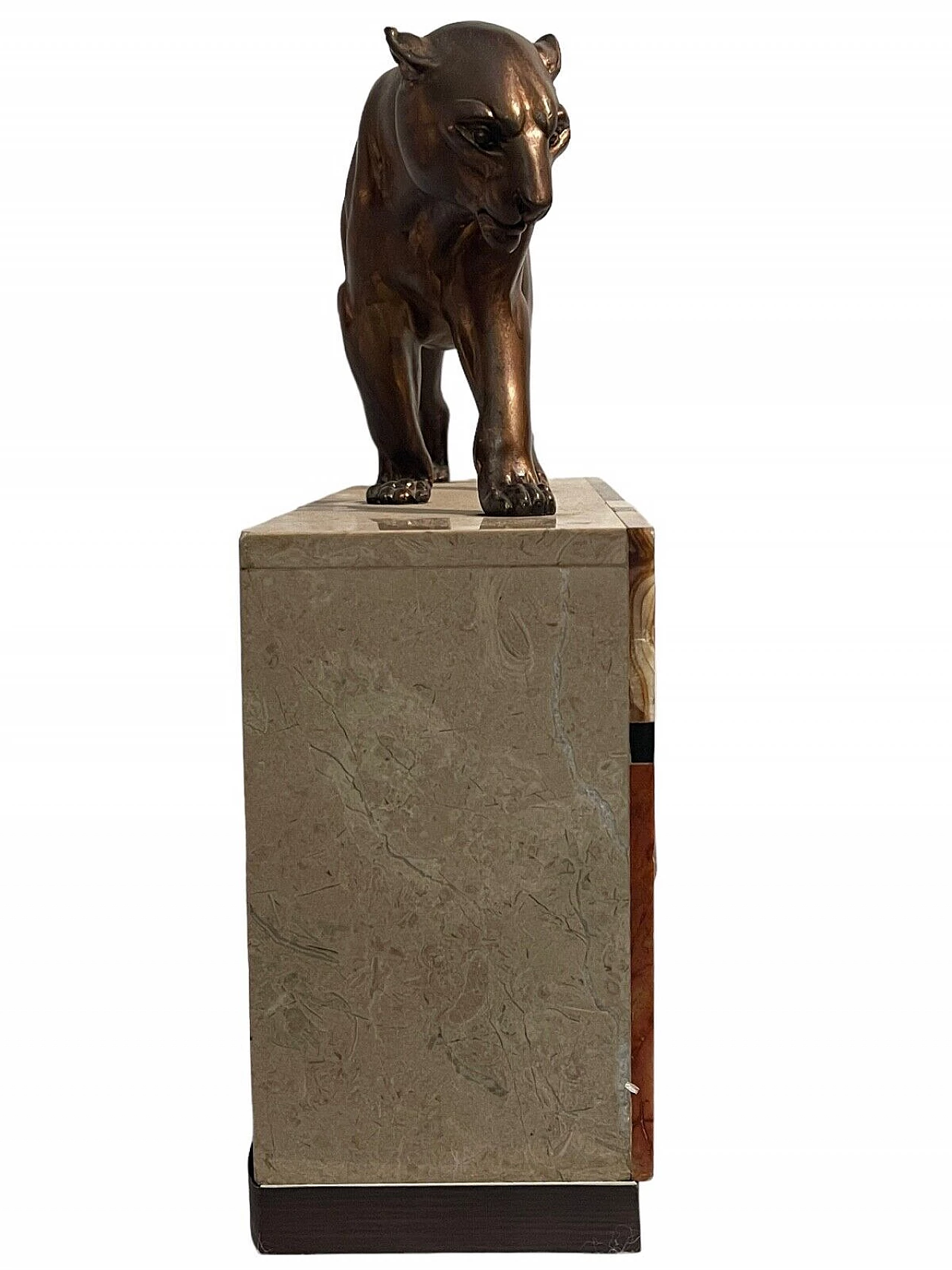 Art Deco marble and bronze table clock with panther, 1930s 6