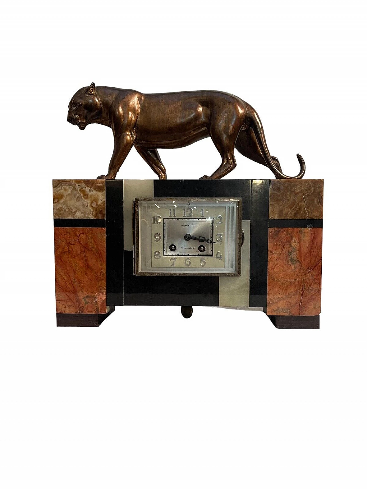 Art Deco marble and bronze table clock with panther, 1930s 7