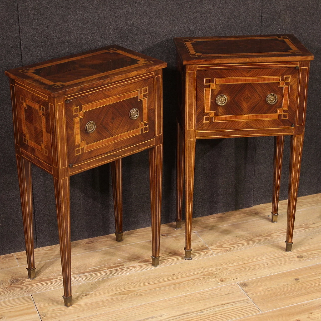 Pair of walnut and maple bedside tables with a door and high legs 1